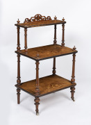 An antique English three tier wotnot, burr walnut with marquetry inlay and ebonised trim, circa 1875, 90cm high, 54cm wide, 36cm deep