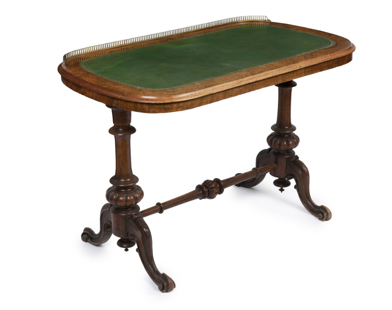 An antique English walnut occasional table with tooled leather top and brass gallery, circa 1870, ​68cm high, 104cm wide, 60cm deep