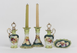 A pair of Austrian floral porcelain candlesticks, a matching pair of lidded jugs and a dish, late 19th century, (5 items), the jugs 18cm high