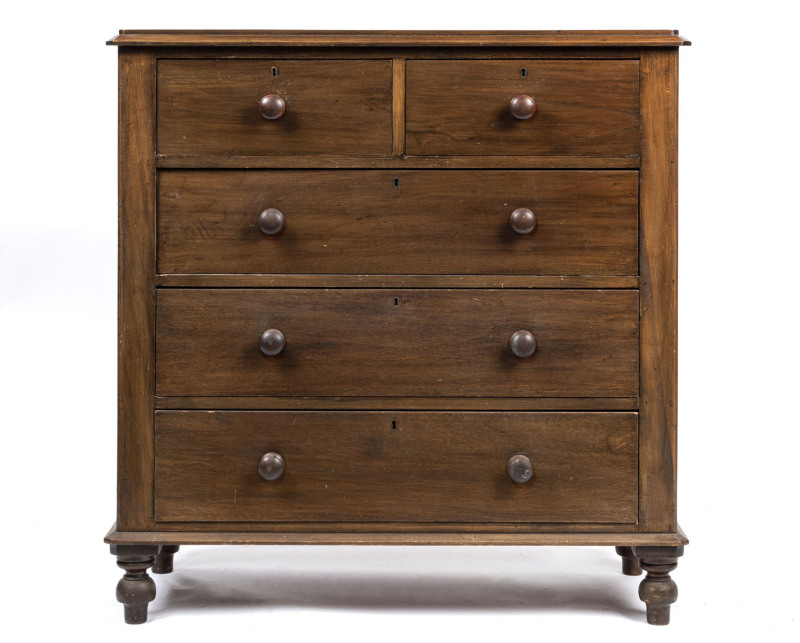 An Australian cedar five drawer chest with later walnut stain, late 19th century, ​105cm high, 103cm wide, 43cm deep