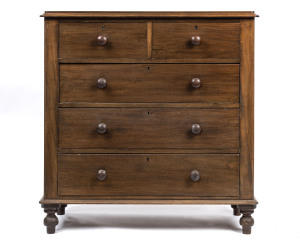 An Australian cedar five drawer chest with later walnut stain, late 19th century, 105cm high, 103cm wide, 43cm deep