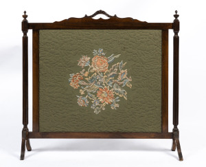 A tapestry front carved mahogany firescreen, early to mid 20th century, 89cm high, 96cm wide, 20cm deep