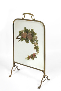 An antique firescreen with hand-painted mirror panel, late 19th century, 61cm high, 37cm wide