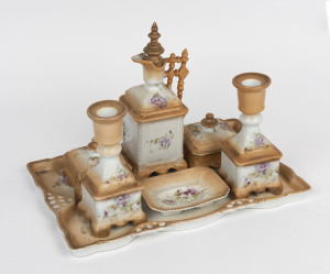 A seven piece Austrian porcelain dressing table set, late 19th early 20th century, the tray 29cm wide