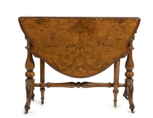 An antique English burr walnut Sutherland table, circa 1875, 70cm high, 91cm wide, 113cm when extended