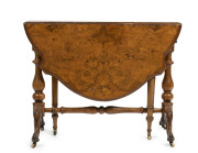 An antique English burr walnut Sutherland table, circa 1875, 70cm high, 91cm wide, 113cm when extended