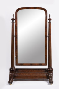A Regency mahogany cheval mirror with lift-top compartment base, circa 1830, 165cm high, 100cm wide, 65cm deep