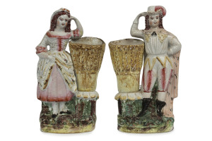 STAFFORDSHIRE pair of English pottery figural vases, circa 1840, 22cm high