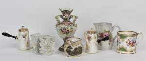 A pair of English porcelain chocolate pots, pair of soft-paste porcelain vases, two porcelain jugs, a mantel vase and a Davenport porcelain mug, 19th and 20th century, (8 items), the tallest 28cm high