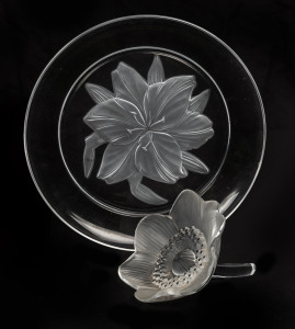 LALIQUE French art glass flower ornament together with a glass floral dish, (2 items), the flower 11cm long