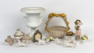 Four miniature porcelain horse ornaments, assorted floral china ornaments, porcelain vanity boxes, egg ornament, miniature comport, picture frame, urn and basket, 20th century, (16 items).