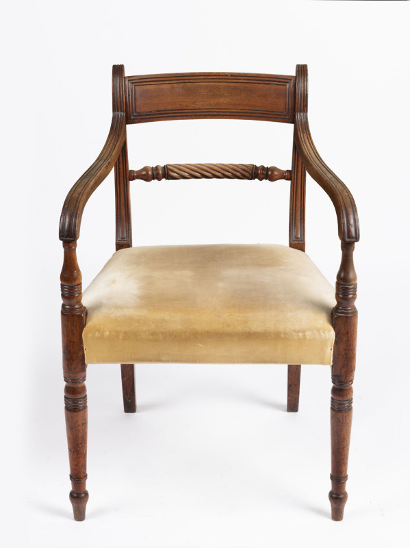 A Georgian mahogany carver chair with spade back and barley twist rail, early 19th century, 52cm across the arms