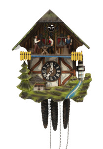 A German automaton cuckoo clock with waterwheel and woodcutters, painted dial with triple weight movement, mid 20th century, 30cm overall