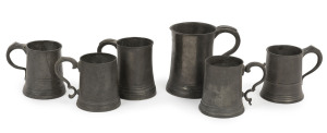 Six assorted antique pewter tankards, 18th and 19th century, pint and half pint size.