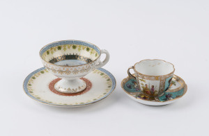 DRESDEN miniature porcelain cup and saucer, together with a ROYAL VIENNA cup and saucer, 19th century, (2 items), the larger saucer 11cm diameter