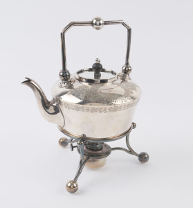 An antique English silver plated spirit kettle, 19th century, diamond pattern registration mark to base, 28cm high