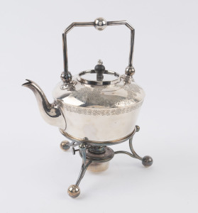 An antique English silver plated spirit kettle, 19th century, diamond pattern registration mark to base, ​28cm high