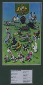 Graeme PAYNE (Australian, born 1956)The AVIAN AUSTRALIAN TEST SQUADpen, ink and acrylics on board, 67 x 40cm signed "Payne" at lower rightmounted together with a whimsical legend, framed & glazed (overall) 108 x 65cm.
