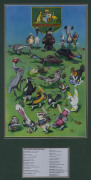 Graeme PAYNE (Australian, born 1956)The AVIAN AUSTRALIAN TEST SQUADpen, ink and acrylics on board, 67 x 40cm signed "Payne" at lower rightmounted together with a whimsical legend,&nbsp;framed & glazed (overall) 108 x 65cm.