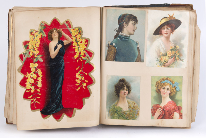 An antique scrap album displaying a fine array of period chromolithography of mainly British and Colonial subjects, late 19th and early 20th century.