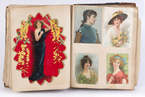 An antique scrap album displaying a fine array of period chromolithography of mainly British and Colonial subjects, late 19th and early 20th century.