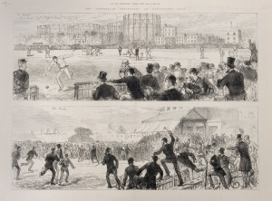 "The Australian Cricketers at Kennington Oval", double-page from The Illustrated London News, 18, 1880, the top half of pp280-281; captioned within the borders of the sketch is “The Match – Lord Harris (Captn of English Team) Saving a 4”; the lower half c