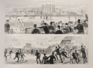 "The Australian Cricketers at Kennington Oval", double-page from The Illustrated London News, 18, 1880, the top half of pp280-281; captioned within the borders of the sketch is “The Match – Lord Harris (Captn of English Team) Saving a 4”; the lower half captioned “The Finish” shows the scene after England won the match by 5 wickets. 40.5 x 55cm.