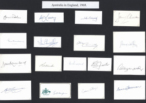 AUSTRALIA IN ENGLAND 1968: Original pen signatures of 17 of the Australian touring party, each on an individual card. Noted Bill Lawry, Brian Taber, John Gleason, Ian Chappell, Neil Hawke, Ian Redpath and Bob Cowper.