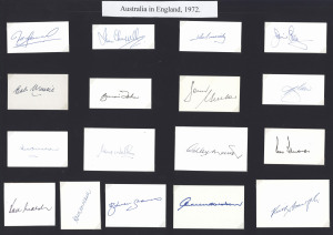 AUSTRALIA IN ENGLAND 1972: Original pen signatures of 17 of the Australian touring party, each on an individual card. Noted Ian Chappell, Greg Chappell, Doug Walters, Ashley Mallett, Keith Stackpole and Dennis Lillee.
