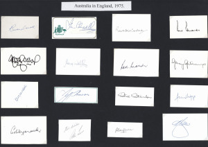 AUSTRALIA IN ENGLAND 1975: Original pen signatures of 16 of the Australian touring party, each on an individual card. Noted Ian Chappell, Greg Chappell, Rick McCosker, Ross Edwards, Dennis Lillee, Jeff Thomson & Rod Marsh.