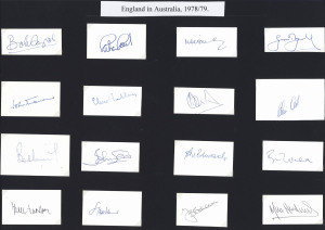 ENGLAND IN AUSTRALIA 1978/79, 1968/87 & 1990/91: Original pen signatures of the three touring parties, each on an individual card. 50 signatures including Mike Brearley, Mike Hendrick, Geoff Boycott, Clive Old, David Gower, Mike Gatting, Chris Broad, Allan Lamb, Jack Richards, Devon Malcolm, Robin Smith & Phil Tufnell.