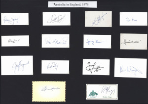 AUSTRALIA IN ENGLAND 1979: Original pen signatures of 14 of the Australian touring party, each on an individual card. Noted Alan Border, Kim Hughes, Andrew Hilditch, Graham Yallop, Geoff Dymock, Rodney Hogg & Dav Whatmore.