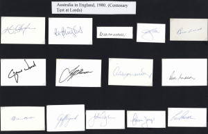 AUSTRALIA IN ENGLAND 1980: Original pen signatures of the touring party for the Centenary Test at Lords, each on an individual card. Noted Greg Chappell, Kim Hughes, Dennis Lillee, Rod Marsh, Alan Border & Len Pascoe. (14).