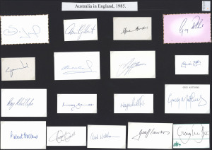 AUSTRALIA IN ENGLAND 1985: Original pen signatures of 17 of the touring party, each on an individual card. Noted Alan Border, Andrew Hilditch, Greg Ritchie, Kepler Wessels, Wayne Phillips, Geoff Lawson & Craig McDermott.