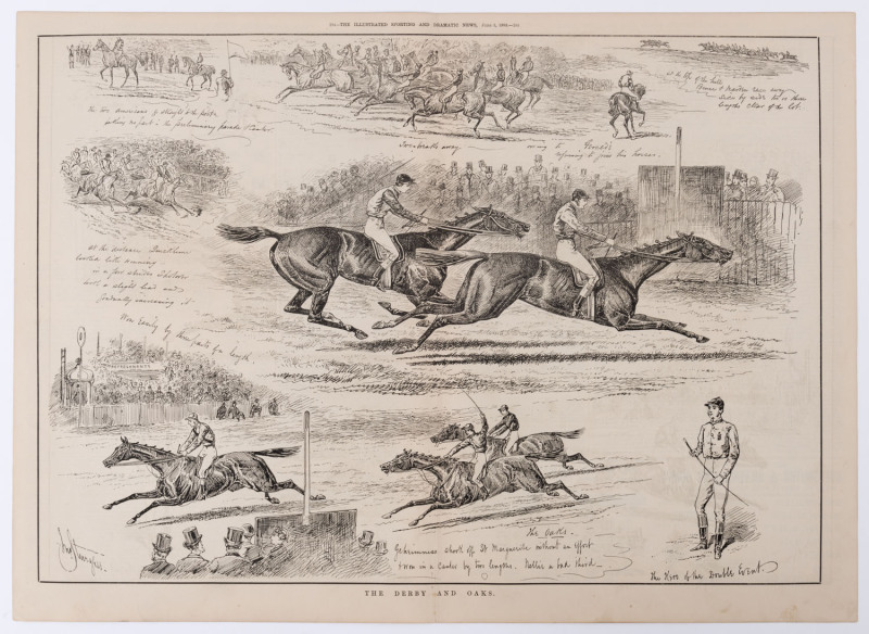 1857 - 1886 group of (6) double-page illustrations from periodicals, including "A Match at Football : The Last Scrimmage" by E. Buckman, from "The Illustrated London News" 1871; "The Derby and Oaks" by John Sturgess from "The Illustrated Sporting and Dram