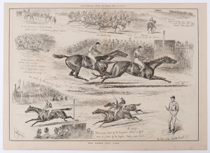 1857 - 1886 group of (6) double-page illustrations from periodicals, including "A Match at Football : The Last Scrimmage" by E. Buckman, from "The Illustrated London News" 1871; "The Derby and Oaks" by John Sturgess from "The Illustrated Sporting and Dramatic News" 1882; and 4 others. Each overall approx. 40 x 55cm.