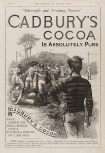 1888 "CADBURY'S COCOA" full page advertisement from The Illustrated London News featuring the Bournville Football Club; accompanied by a range of engravings, etchings & photogravures, 1870s-90s, from various publications including "The Illustrated London 