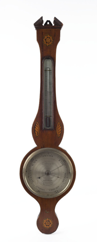 An antique English banjo barometer, mahogany case with marquetry inlay, 19th century, ​96cm high