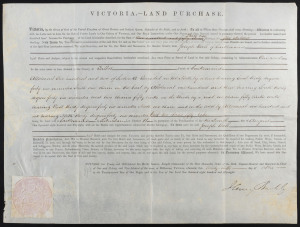AN 1858 VICTORIAN LAND GRANT DURING THE GOLD RUSH October 1858 land grant by purchase to JOSEPH BALL of an allotment in CASTLEMAINE, signed and sealed by the Governor, SIR HENRY BARKLY. (The price of £39/5/- is detailed in manuscript.