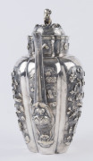 An antique Chinese silver teapot adorned with vignettes of country scenes and floral sprays, Foo dog finial with remains of gilt highlights, 19th century, 18cm high, 17cm wide, 565grams - 3