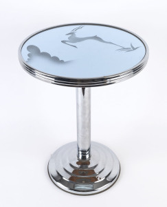 An Art Deco occasional table, chrome with acid etched glass, circa 1930, 51cm high, 40cm diameter