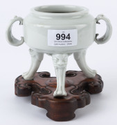 Blanc de chine three legged pot on carved timber stand, 19th/20th century, 13.5cm high overall - 2