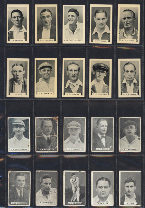 1932 SWEETACRES  - "TEST MATCH RECORDS": complete set (32), including Bradman, Ponsford, McCabe, Larwood, Jardine & Nawab of Pataudi, condition generally Fair/G; also 1934 Godfrey Phillips "Grey's Cigarettes" (10, cards #11-20) G/F; Ogden's (UK) "Australi
