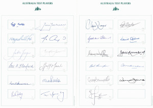 AUSTRALIAN TEST PLAYERS: 23 different pen signatures (mainly Australian Test team members) on two printed cards (both 29.5 x 21cm) including #176 Ron Hamence, #184 Geff Noblet, #209 Bob Simpson, #237 Doug Walters, #239 Dave Renneberg and #248 Terry Jenner