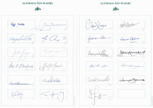 AUSTRALIAN TEST PLAYERS: 23 different pen signatures (mainly Australian Test team members) on two printed cards (both 29.5 x 21cm) including #176 Ron Hamence, #184 Geff Noblet, #209 Bob Simpson, #237 Doug Walters, #239 Dave Renneberg and #248 Terry Jenner.