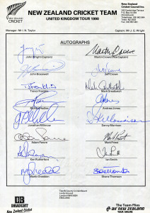 NEW ZEALAND TEAM SHEETS: 1990 United Kingdom Tour (John Wright, Capt.; Martin Crowe, Vice Capt.) fully signed (16 autographs); also, New Zealand Womens Team Tour to England & Ireland 1996 (Sarah Illingworth, Capt.; Maia Lewis, Vice. Capt.) fully signed (18 autographs).