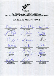 NEW ZEALAND: Official Team sheets for 1999-2000 1st ODI v Australia at Wellington; 2000 NZ "A" Tour to Holland & England; 2000 Tour to South Africa (ODIs); 2000 Tour to South Africa (Tests); and the 2001 Tour to Pakistan (Test Series); with a total of 88 original signatures. (5 Sheets).