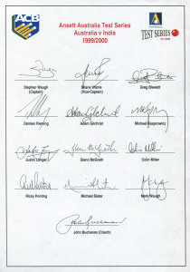 AUSTRALIA: 1999-2000 Australian Team v India Test Series, official team sheet with 13 signatures including Stephen Waugh (captain), Shane Warne, Adam Gilchrist & Ricky Ponting. Australia won the Series 3-0. In the first Test Steve Waugh made 150 and Damien Fleming took 5/30 (in the 2nd Innings). In the second Test Michael Slater made 91 and Brett Lee took 5/47. In the third, Justin Langer top scored with 223 and Glenn McGrath took 10 wickets.