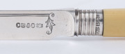 An English stilton scoop, pate knife and two Georgian sterling silver condiment spoons (4 items), the scoop 26.5cm long - 4