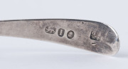An English stilton scoop, pate knife and two Georgian sterling silver condiment spoons (4 items), the scoop 26.5cm long - 5